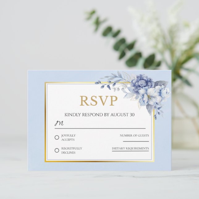 Cartão RSVP de Casamento Floral de Ouro Azul Elega (Em pé/Frente)