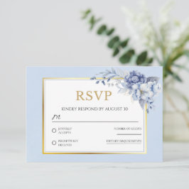 Cartão RSVP de Casamento Floral de Ouro Azul Elega