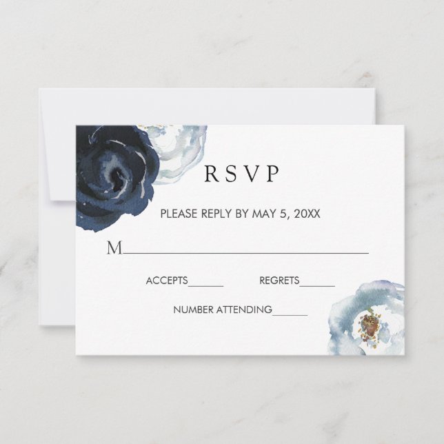 Cartão RSVP de Casamento Floral de Peony Azul Mari (Frente)
