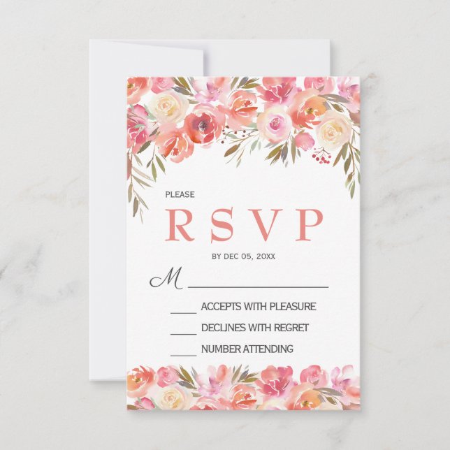 Cartão RSVP de Casamento Floral de Rosa de Pêssego (Frente)