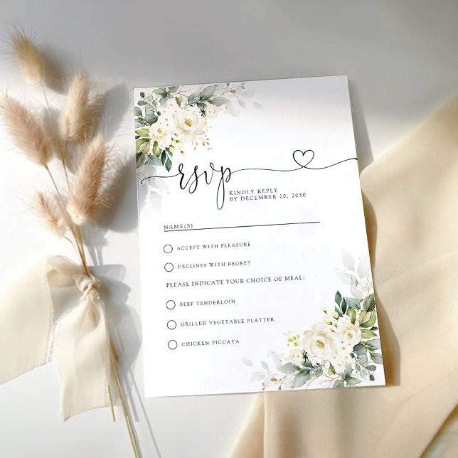 Cartão RSVP de Casamento Floral de Rosas Brancas (Criador carregado)