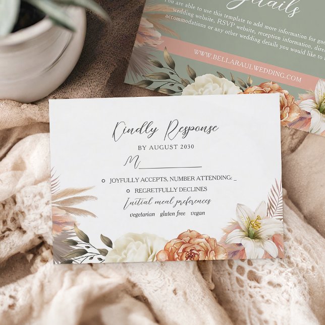 Cartão RSVP de Casamento Floral de Sage Green e Pe (Criador carregado)