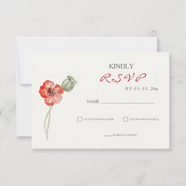 Cartão RSVP de casamento floral do bonito Red Popp (Frente)
