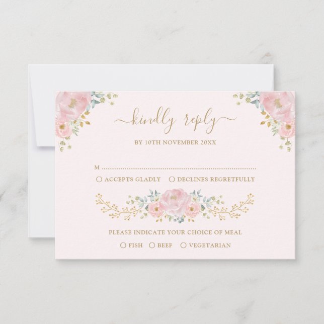 Cartão RSVP de Casamento Floral Dourado de Aquarela Rosa  (Frente)