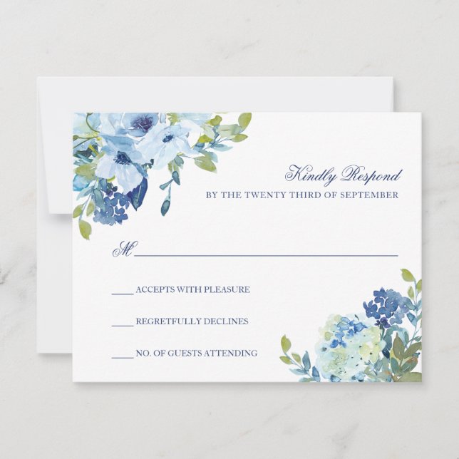 Cartão RSVP de Casamento Floral Dusty Blue com Cód (Frente)