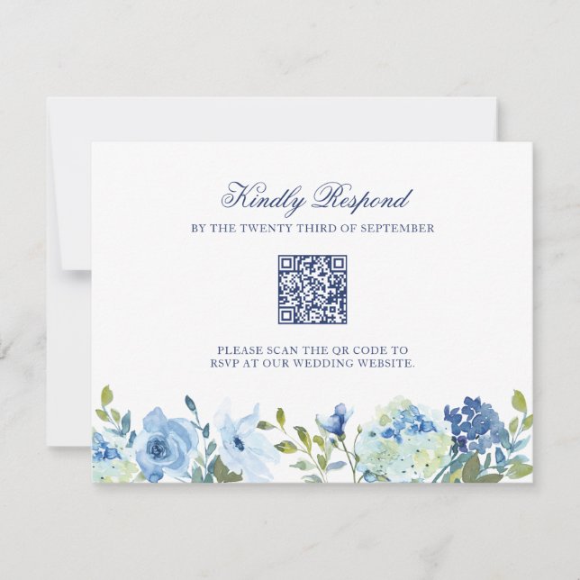 Cartão RSVP de Casamento Floral Dusty Blue com Cód (Frente)