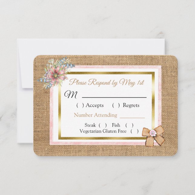 Cartão RSVP de Casamento Floral IPnk Rustic Burlap (Frente)