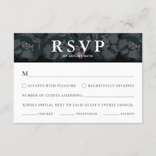 Cartão RSVP de Casamento Floral Preto e Branco