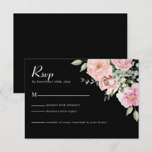 Cartão RSVP de Casamento Floral Preto e Rosa Moder
