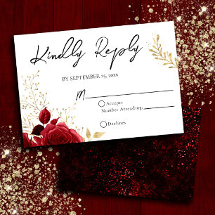 Cartão RSVP de Casamento Floral Preto e Vermelho G