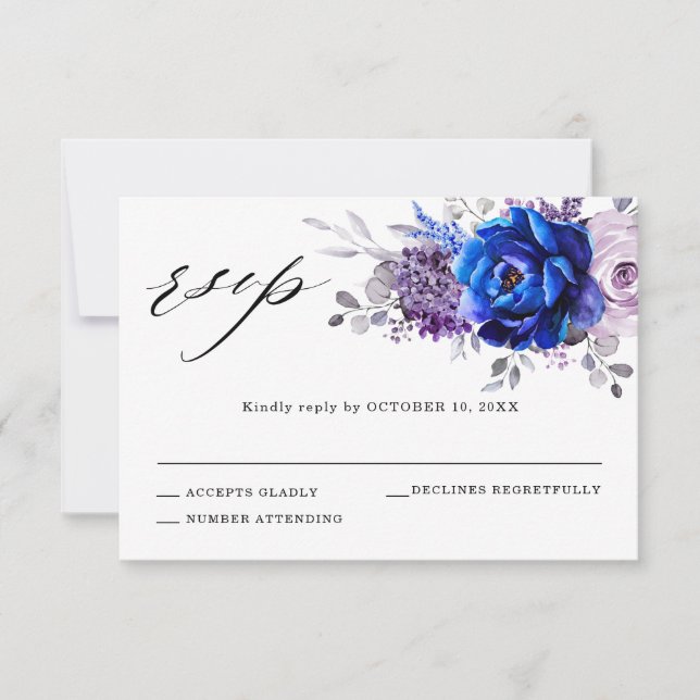 Cartão RSVP de Casamento Floral Real Azul Lilac Ro (Frente)