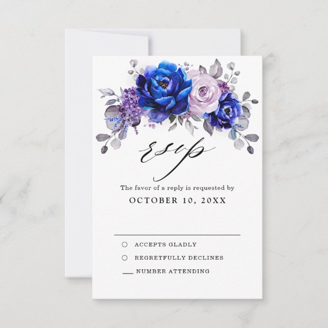Cartão RSVP de Casamento Floral Real Azul Lilac Ro (Frente)