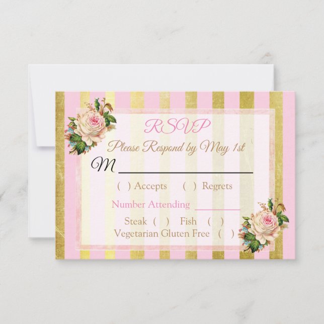 Cartão RSVP de Casamento Floral Rosa e Dourado (Frente)