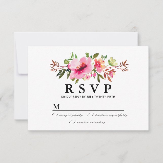Cartão RSVP de Casamento Floral Rustic Boho Rosa (Frente)