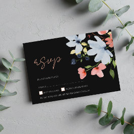 Cartão RSVP de Casamento Floral Simples Preto e Ro