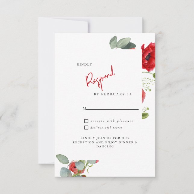 Cartão RSVP de Casamento Floral Vermelho (Frente)