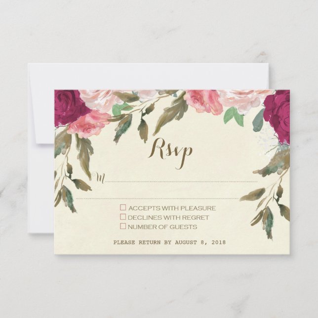 cartão rsvp de casamento ivory burgundy floral (Frente)