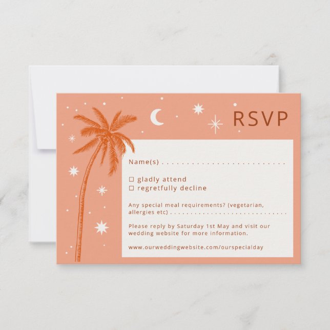 Cartão RSVP de Casamento Laranja Boho Palm Primave (Frente)