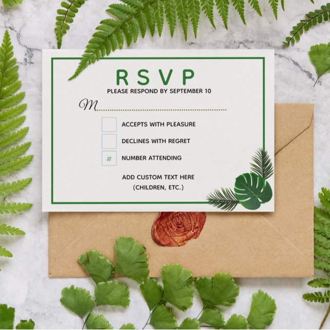Cartão RSVP de Casamento Moderno Tropical (Criador carregado)