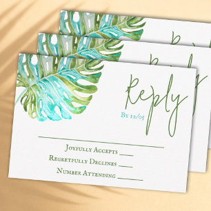 Cartão RSVP de Casamento Monstera Leaf Tropical