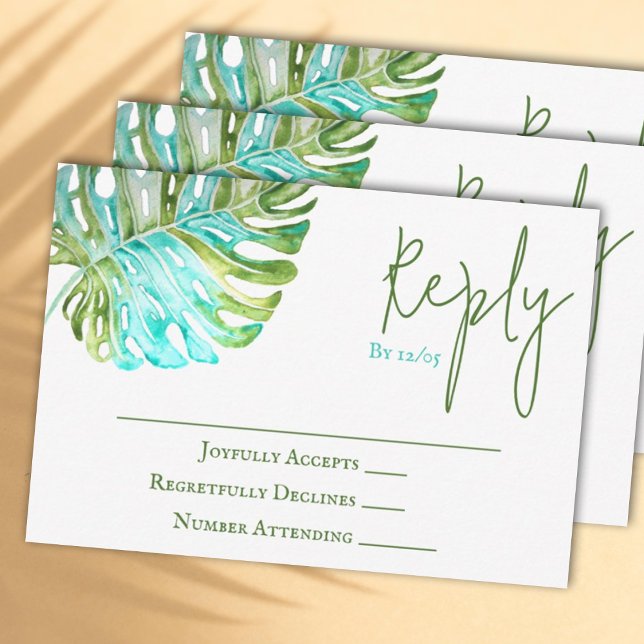 Cartão RSVP de Casamento Monstera Leaf Tropical (Watercolor light green and turquoise monstera leaf wedding RSVP reply card)