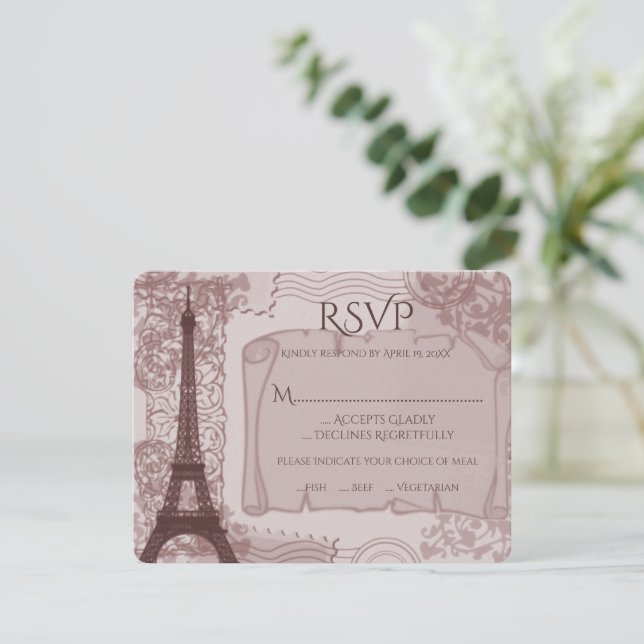 Cartão RSVP de Casamento Parisiense Rosa (Em pé/Frente)