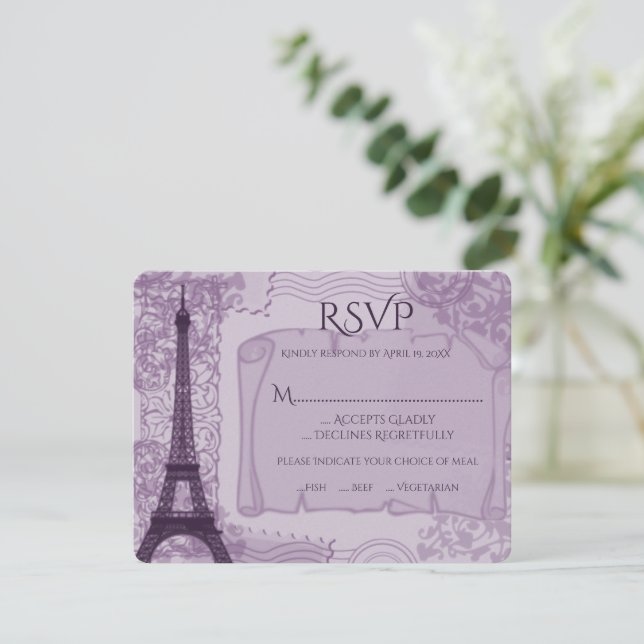Cartão RSVP de Casamento Parisiense Roxo (Em pé/Frente)