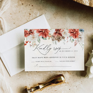 Cartão RSVP de Casamento Pinecone Red Greenery Pin