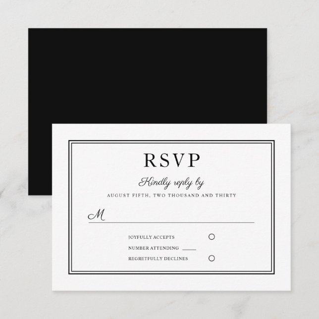 Cartão RSVP de Casamento Preto e Branco Formal (Frente/Verso)