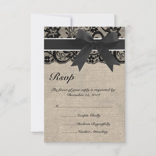 Cartão RSVP de Casamento Preto e Burlap (Frente)
