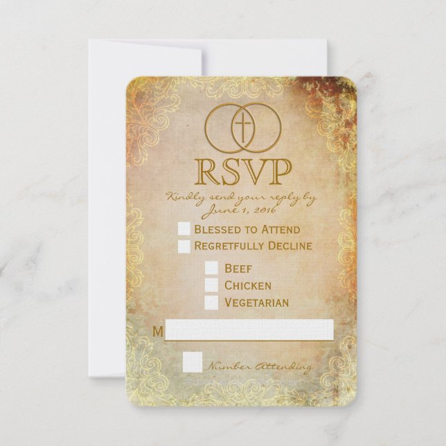 Cartão RSVP de Casamento Religioso Cruzado Antigo (Frente)