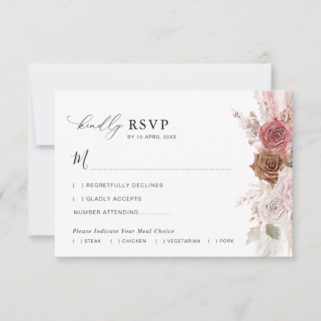 cartão RSVP de casamento rosa empoeirado pampas (Frente)