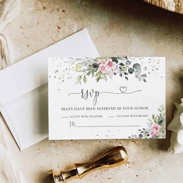 Cartão RSVP de Casamento Rosa Verde Blush (Criador carregado)