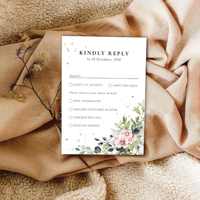 Cartão RSVP de Casamento Rosa Verde Blush (Criador carregado)