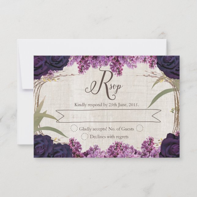 Cartão RSVP de Casamento Roxo Florestal Encantado (Frente)