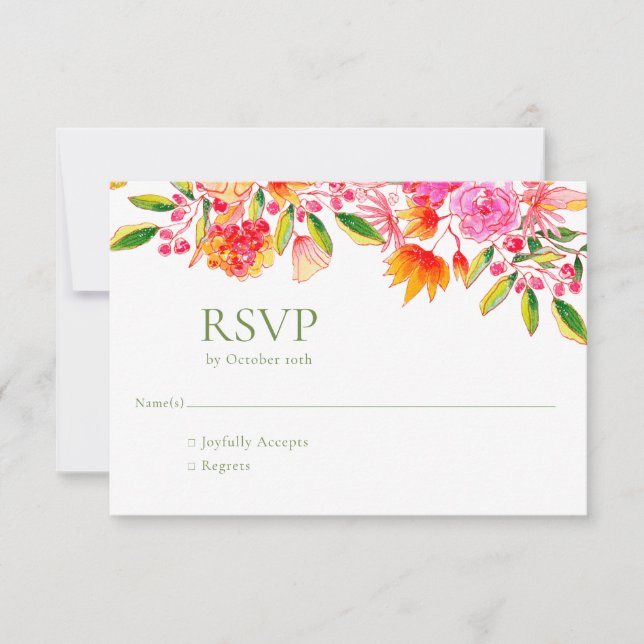 Cartão RSVP de Casamento Simples Floral Verde Cor- (Frente)