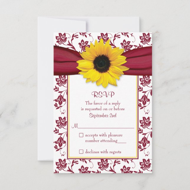Cartão RSVP de Casamento tema damasco Sunflower Am (Frente)