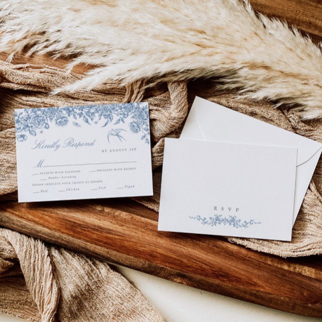 Cartão RSVP de Casamento Toile Azul com Opções de  (Criador carregado)