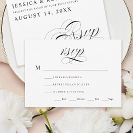 Cartão RSVP de Casamento Tradicional Preto e Branc