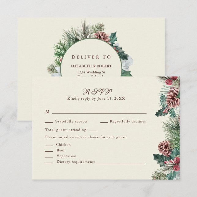 Cartão RSVP de Casamento Verde de Inverno (Frente/Verso)