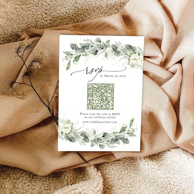 Cartão RSVP de Casamento Verde Dusty Sage com Códi (Criador carregado)