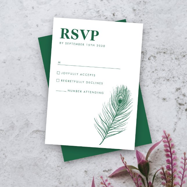 Cartão RSVP de Casamento Verde Mínimo de Feather (Criador carregado)