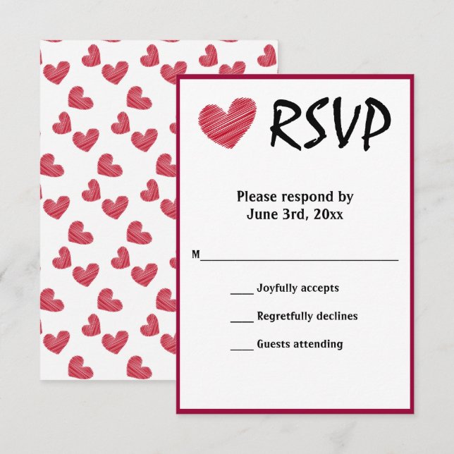 Cartão RSVP de Casamento Vermelho Simples e Descol (Frente/Verso)