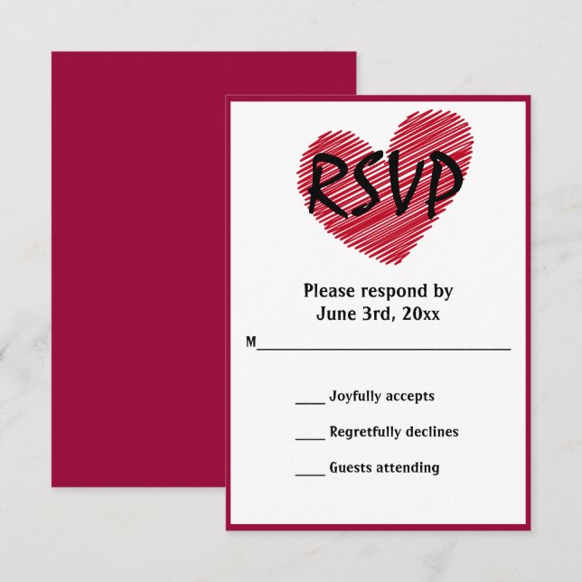 Cartão RSVP de Casamento Vermelho Simples e Descol (Frente/Verso)