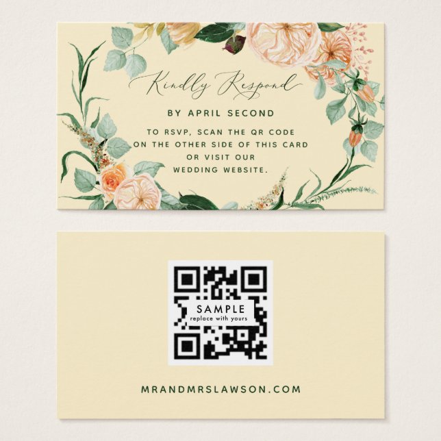 Cartão RSVP de Código QR de Casamento Amarelo Boho (Frente & Verso)