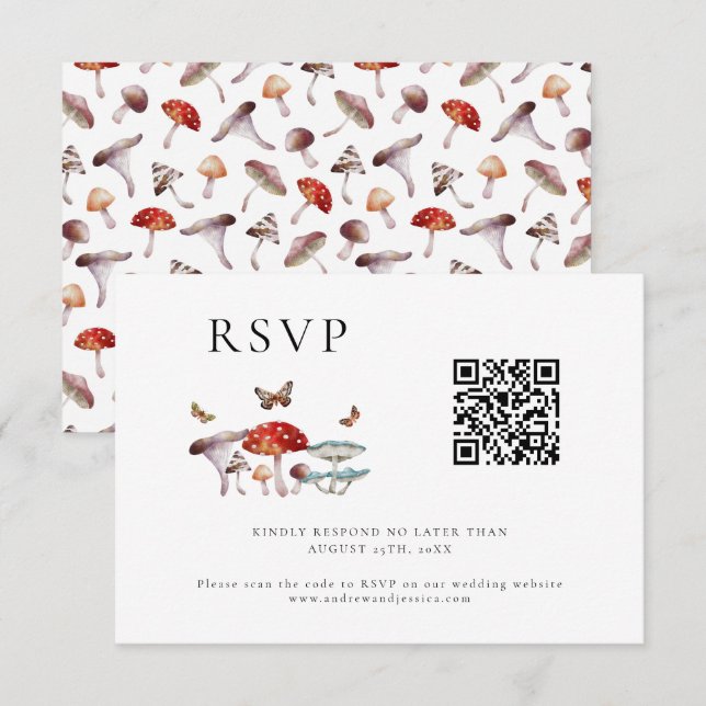 Cartão RSVP de Código QR de Casamento de Mushroom (Frente/Verso)