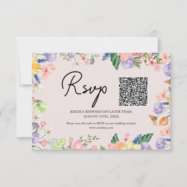 Cartão RSVP de Código QR de Casamento de primavera (Frente)