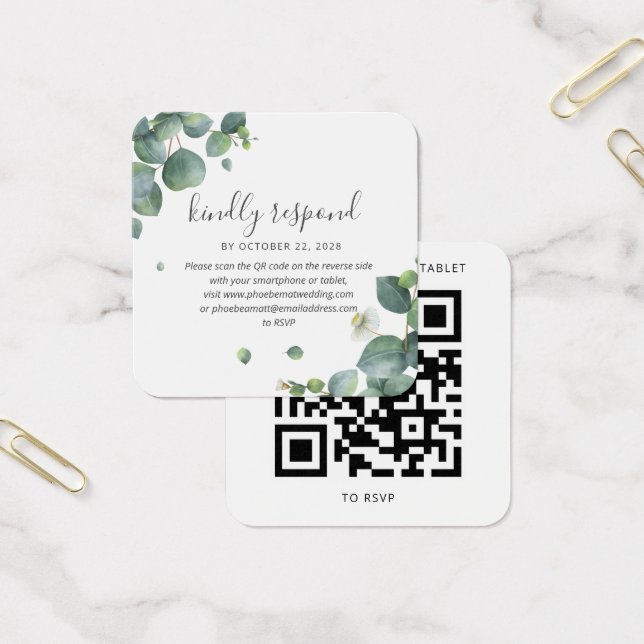 Cartão RSVP de Código QR de Casamento Eucalyptus G (Escritótio)