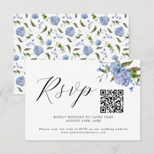 Cartão RSVP de Código QR de Casamento Floral Azul