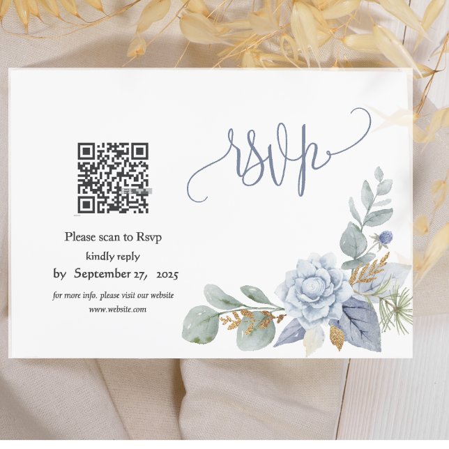 Cartão RSVP de Código QR Floral Azul Dusty (Criador carregado)